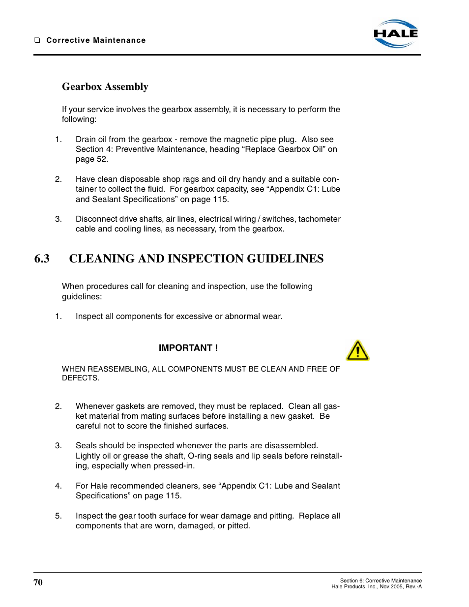 Gearbox assembly, 3 cleaning and inspection guidelines, Cleaning and inspection guidelines | Hale RSD User Manual | Page 70 / 150