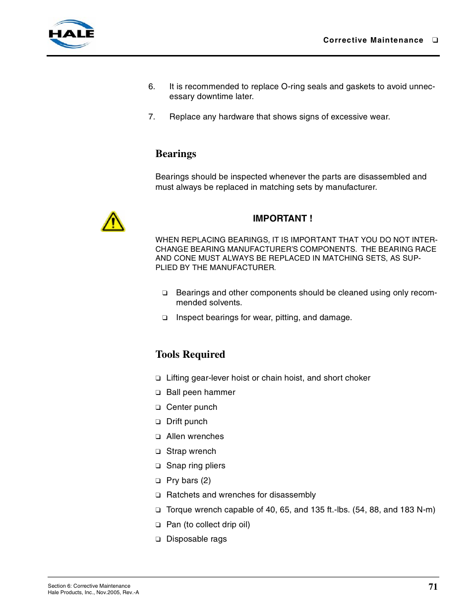 Bearings, Tools required | Hale RSD User Manual | Page 71 / 150