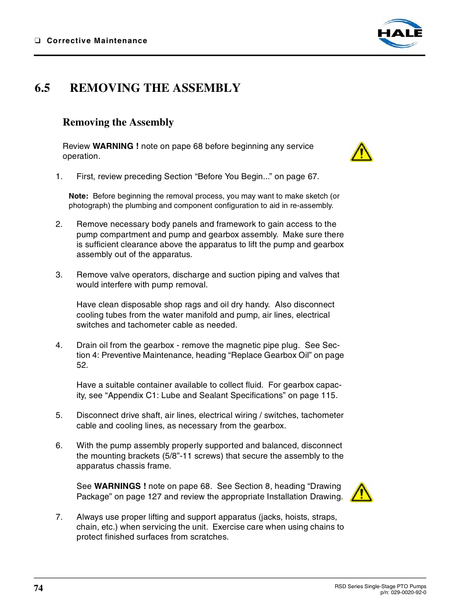 5 removing the assembly, Removing the assembly | Hale RSD User Manual | Page 74 / 150