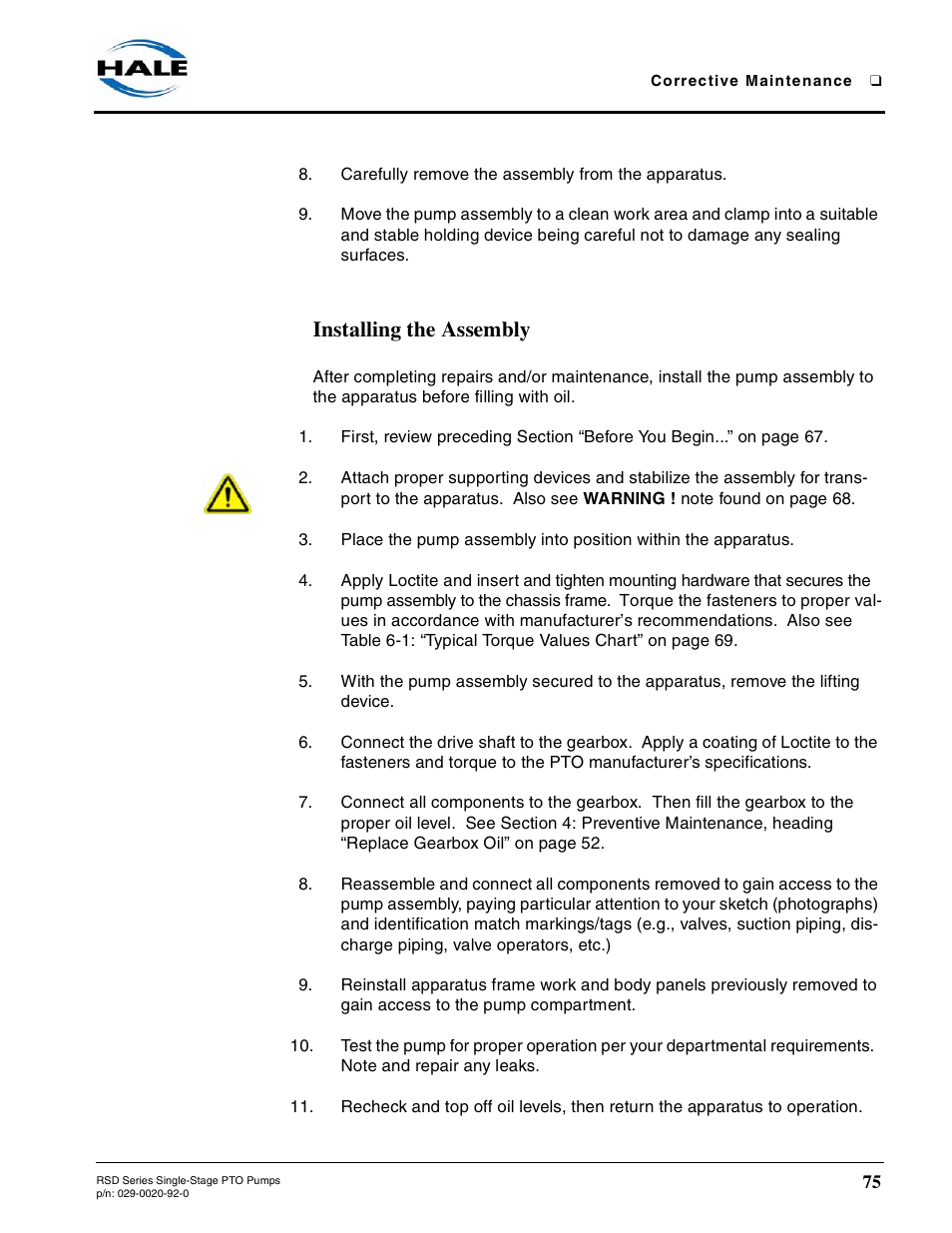 Installing the assembly | Hale RSD User Manual | Page 75 / 150