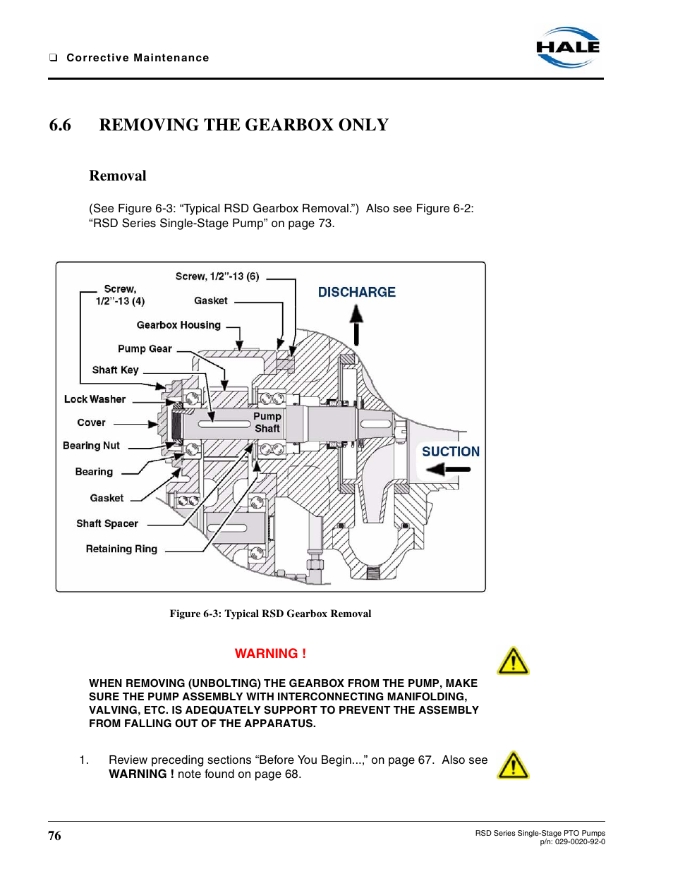 6 removing the gearbox only, Removal, Figure 6-3: typical rsd gearbox removal | Removing the gearbox only | Hale RSD User Manual | Page 76 / 150