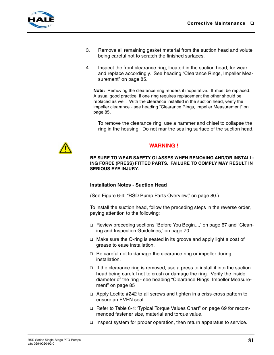 Installation notes - suction head | Hale RSD User Manual | Page 81 / 150