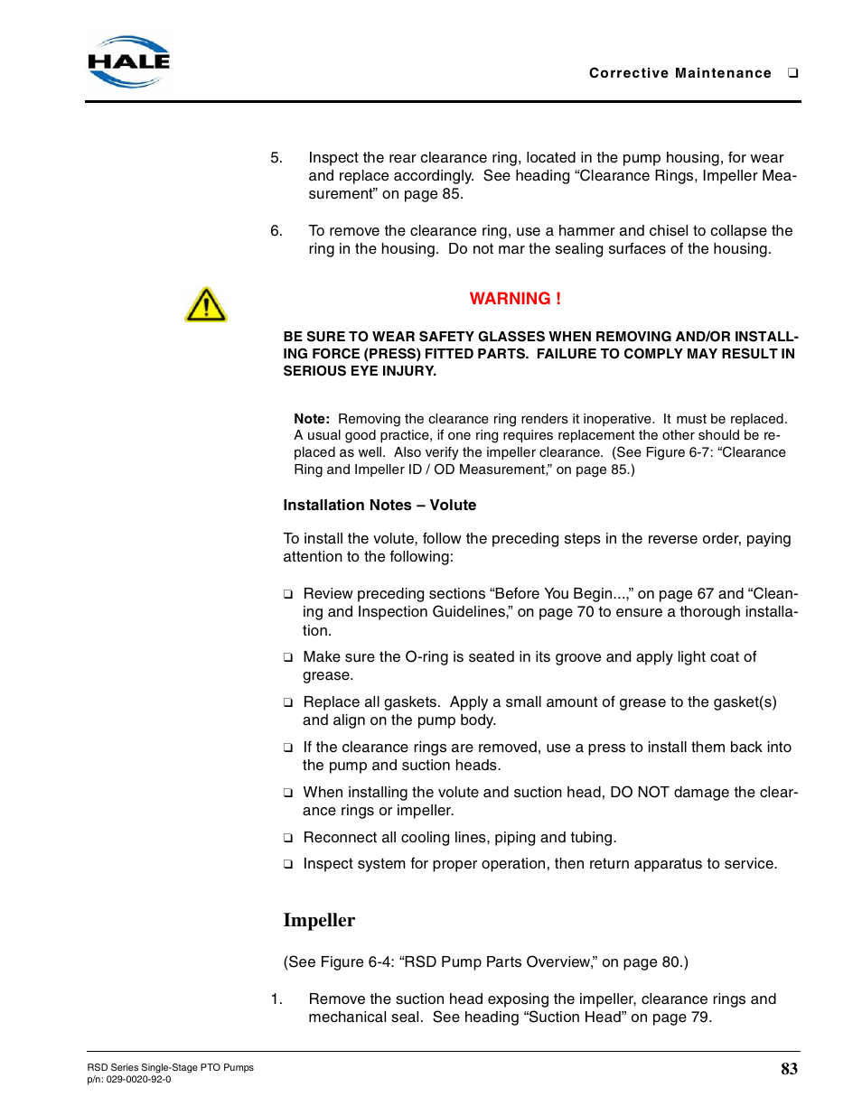 Installation notes - volute, Impeller, Installation notes – volute | Hale RSD User Manual | Page 83 / 150