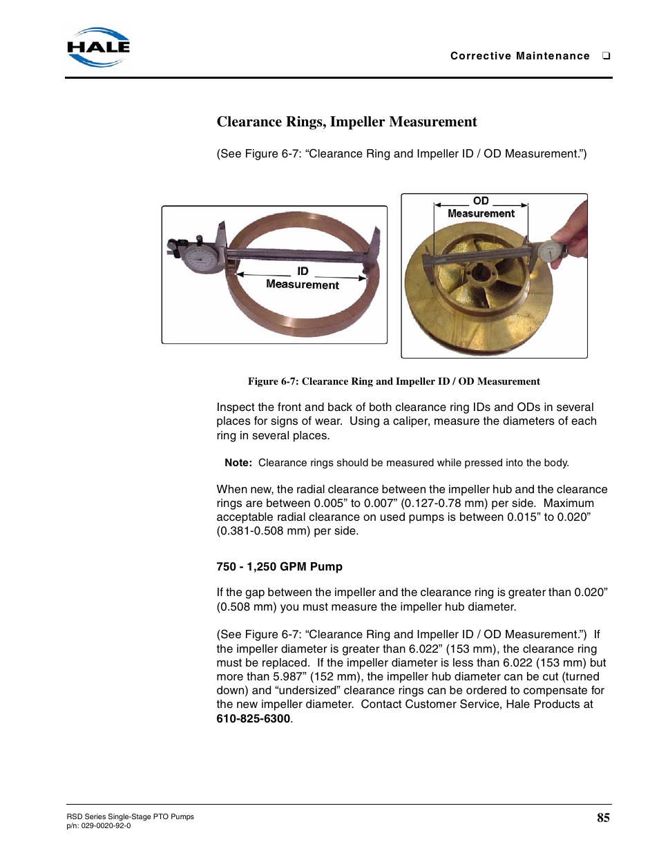 Clearance rings, impeller measurement, 750 - 1,250 gpm pump | Hale RSD User Manual | Page 85 / 150