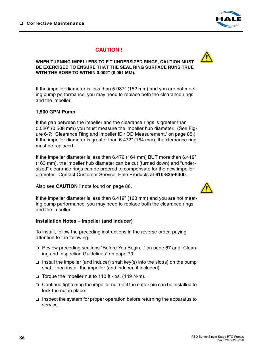 1,500 gpm pump, Installation notes - impeller (and inducer), Installation notes – impeller (and inducer) | Hale RSD User Manual | Page 86 / 150