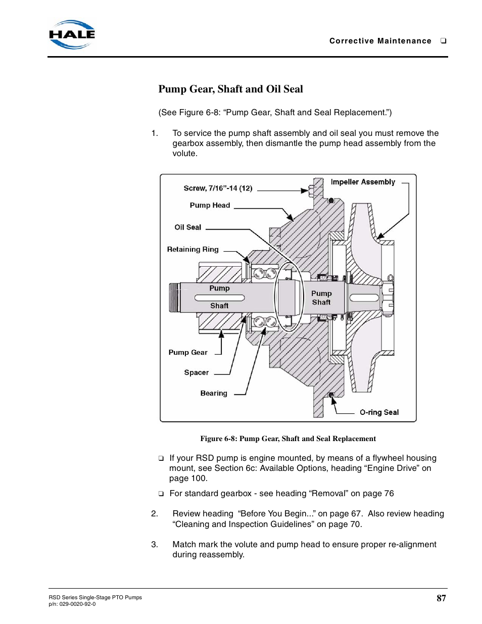 Pump gear, shaft and oil seal, Figure 6-8: pump gear, shaft and seal replacement, Servicing the rsd pump - continued | Hale RSD User Manual | Page 87 / 150