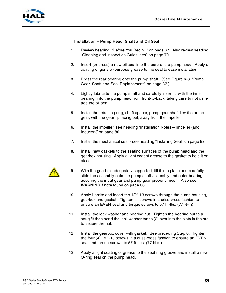 Installation - pump head, shaft and oil seal, Installation – pump head, shaft and oil seal | Hale RSD User Manual | Page 89 / 150