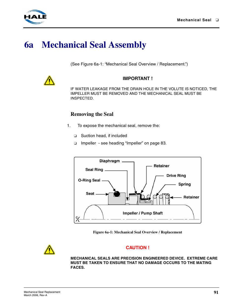 6a mechanical seal assembly, Removing the seal, See section 6a | Hale RSD User Manual | Page 91 / 150