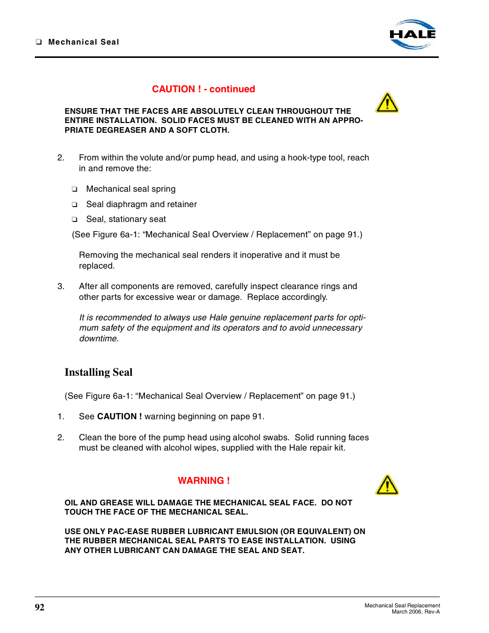 Installing seal | Hale RSD User Manual | Page 92 / 150