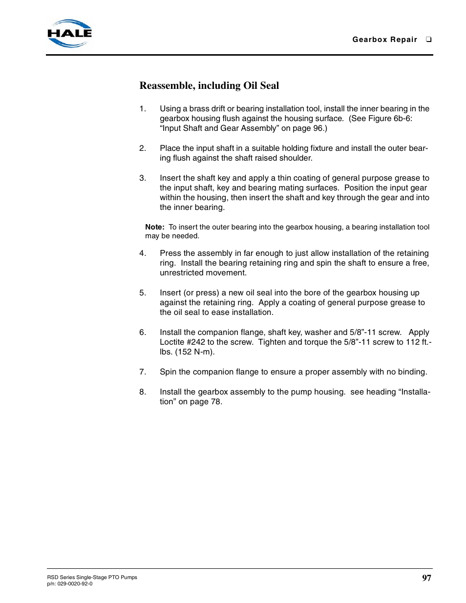 Reassemble, including oil seal | Hale RSD User Manual | Page 97 / 150