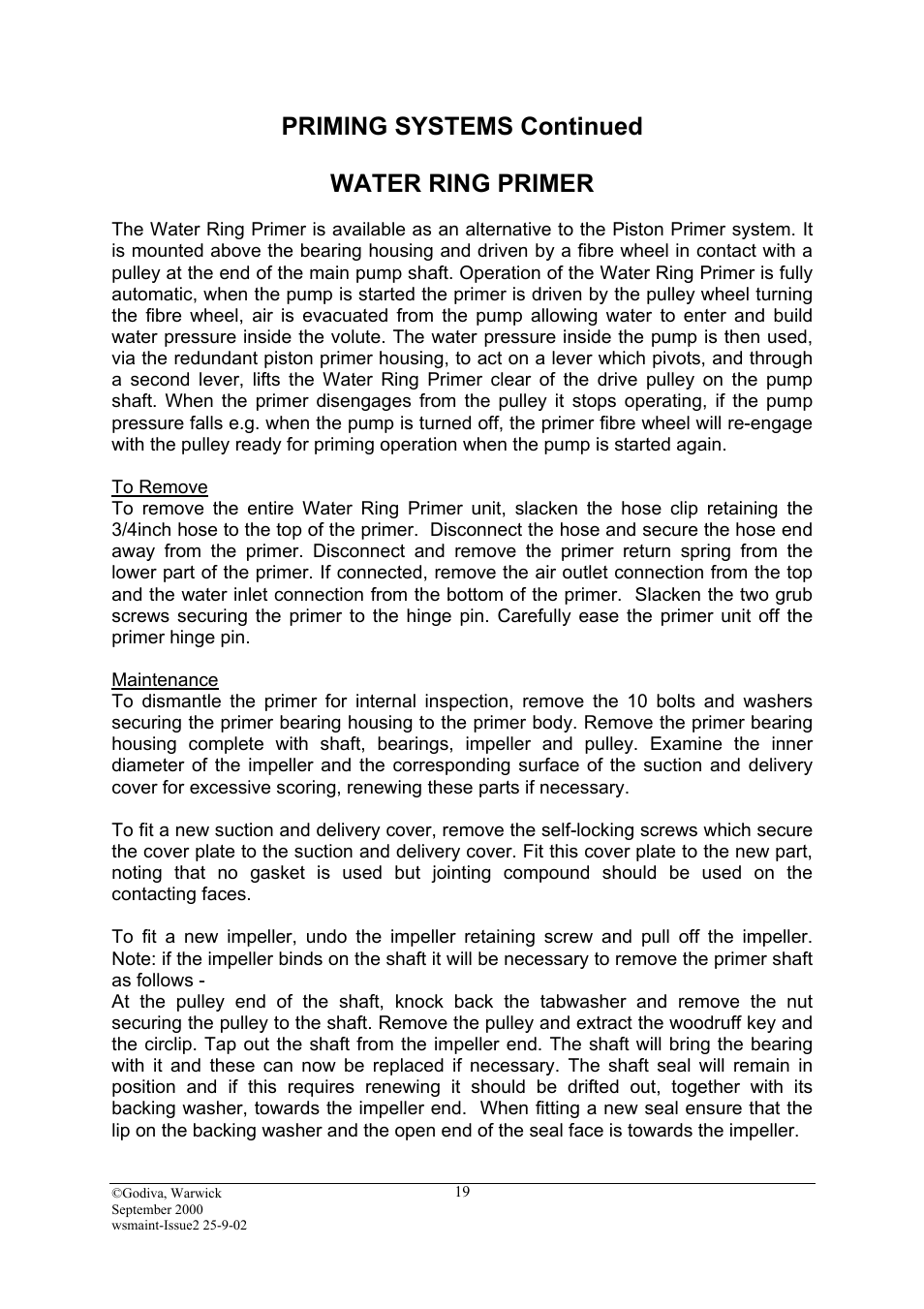 To remove, Priming systems continued water ring primer | Hale SMR User Manual | Page 19 / 32