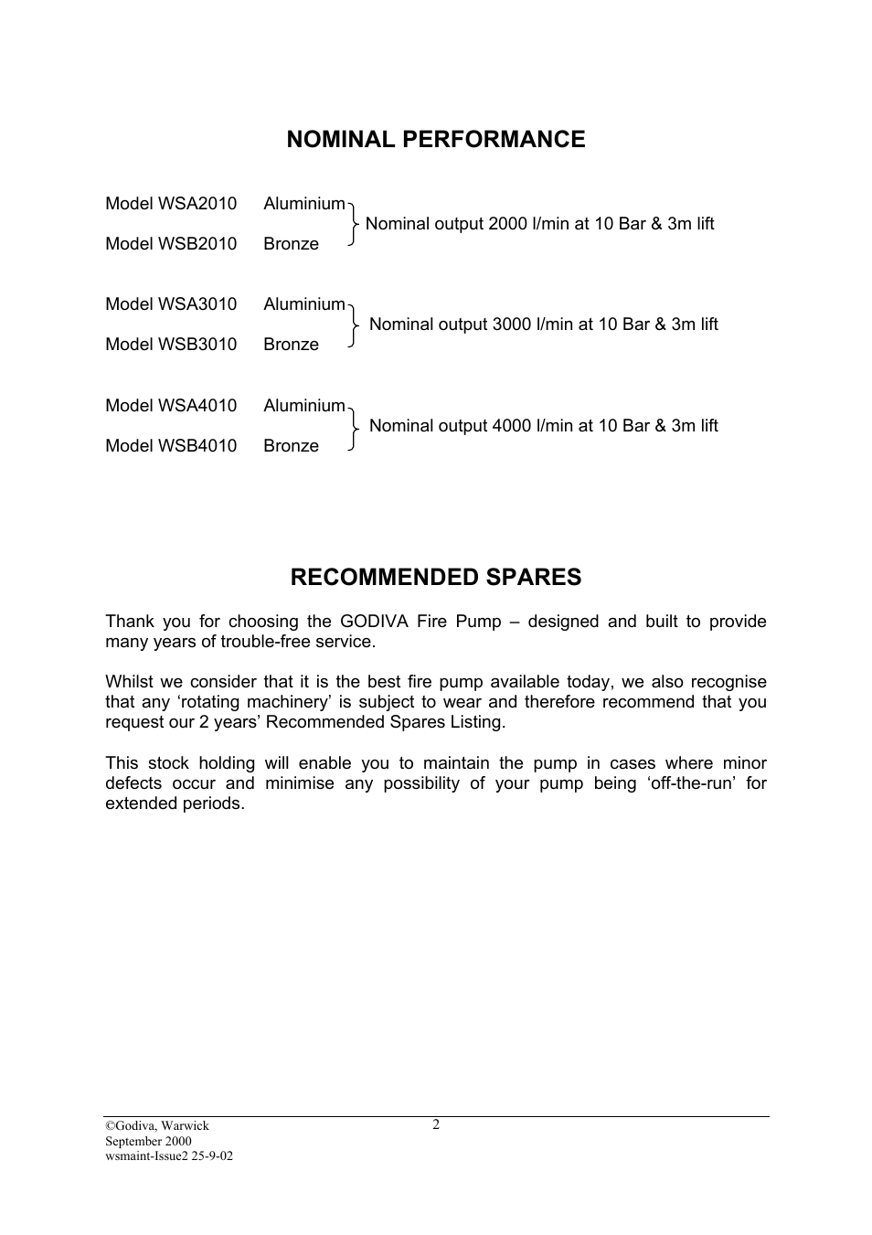 Recommended spares, Nominal performance | Hale SMR User Manual | Page 2 / 32