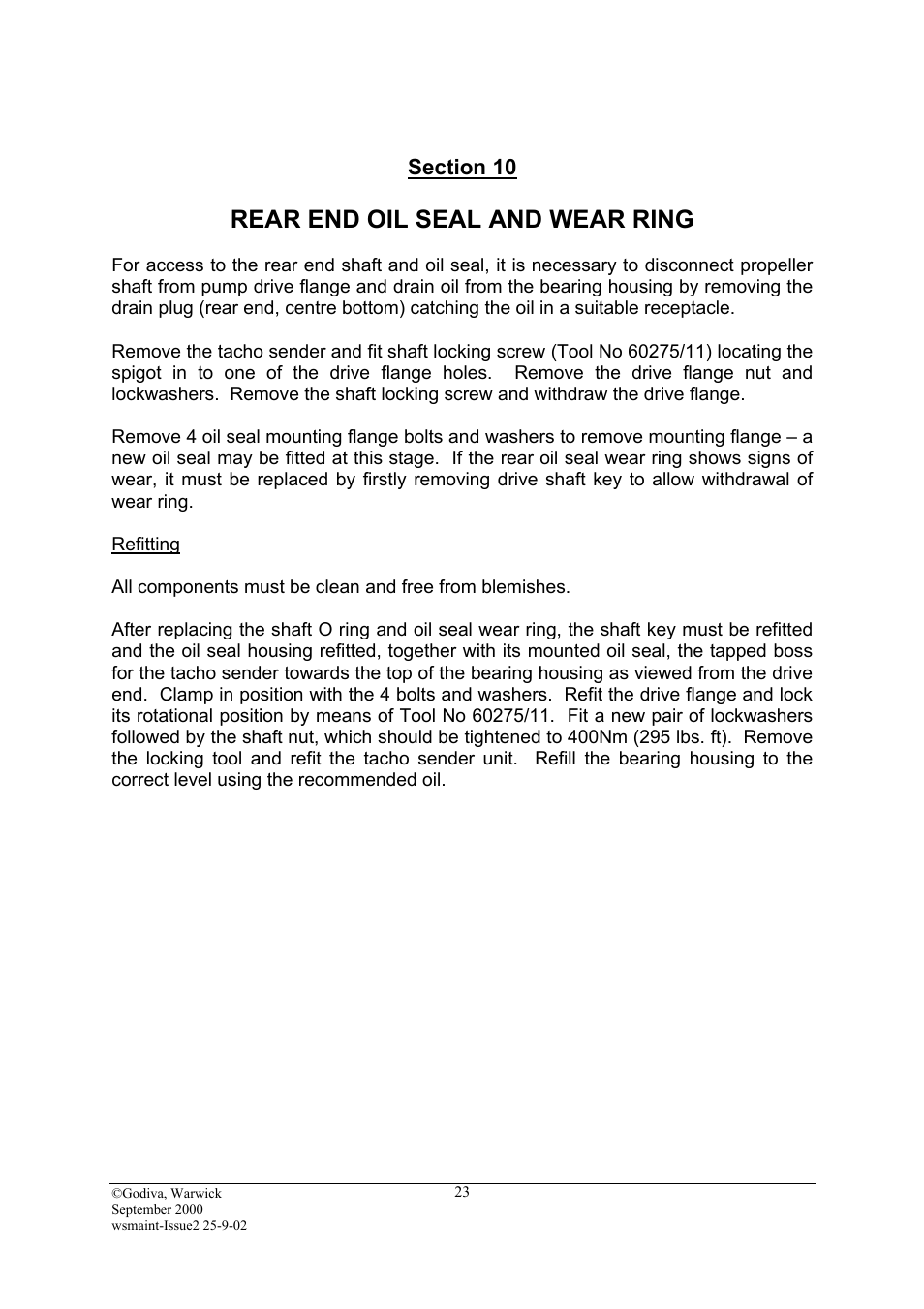 Section 10, Rear end oil seal and wear ring, Refitting | Hale SMR User Manual | Page 23 / 32