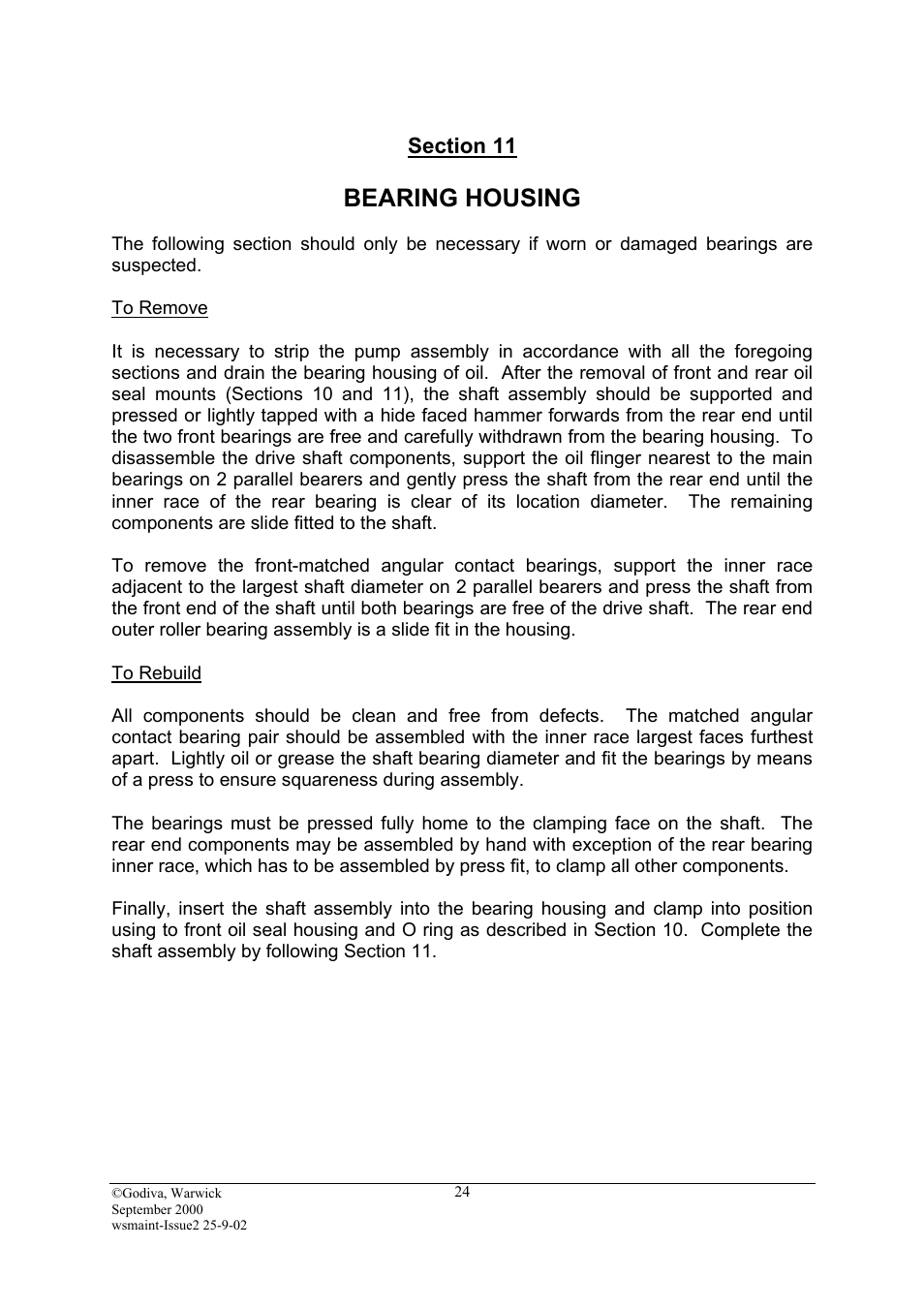 Section 11, Bearing housing, To remove | To rebuild | Hale SMR User Manual | Page 24 / 32