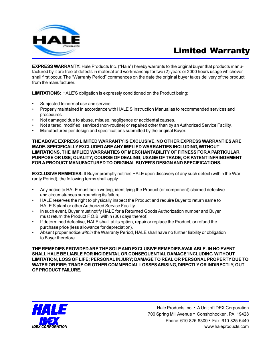 Maintenance instructions, Workshop manual for ws - single pressure pump, Limited warranty | Hale SMR User Manual | Page 31 / 32