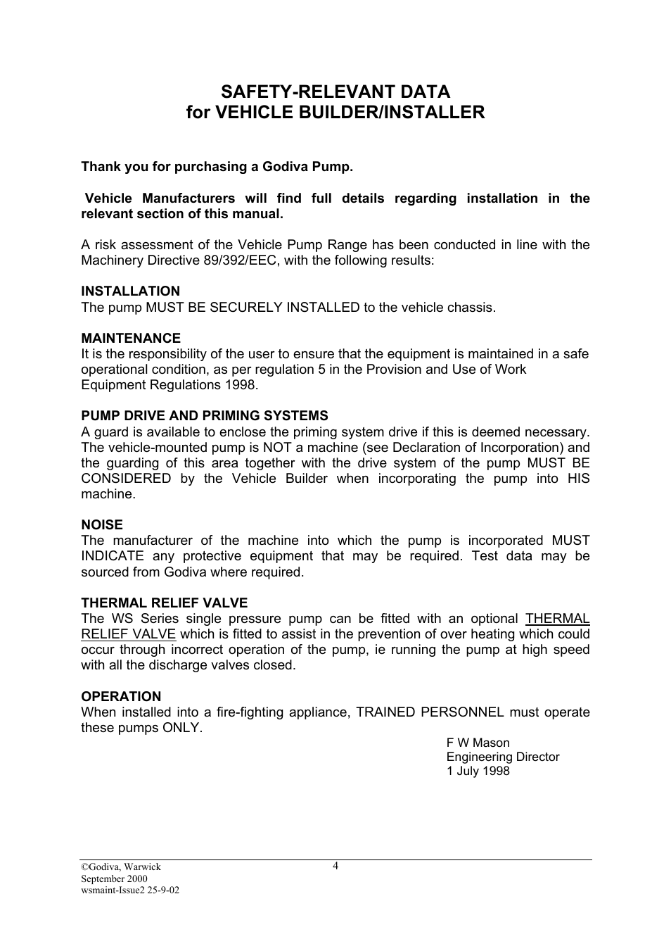 Installation, Maintenance, Pump drive and priming systems | Noise, Thermal relief valve, Operation, Engineering director, Safety-relevant data for vehicle builder/installer | Hale SMR User Manual | Page 4 / 32