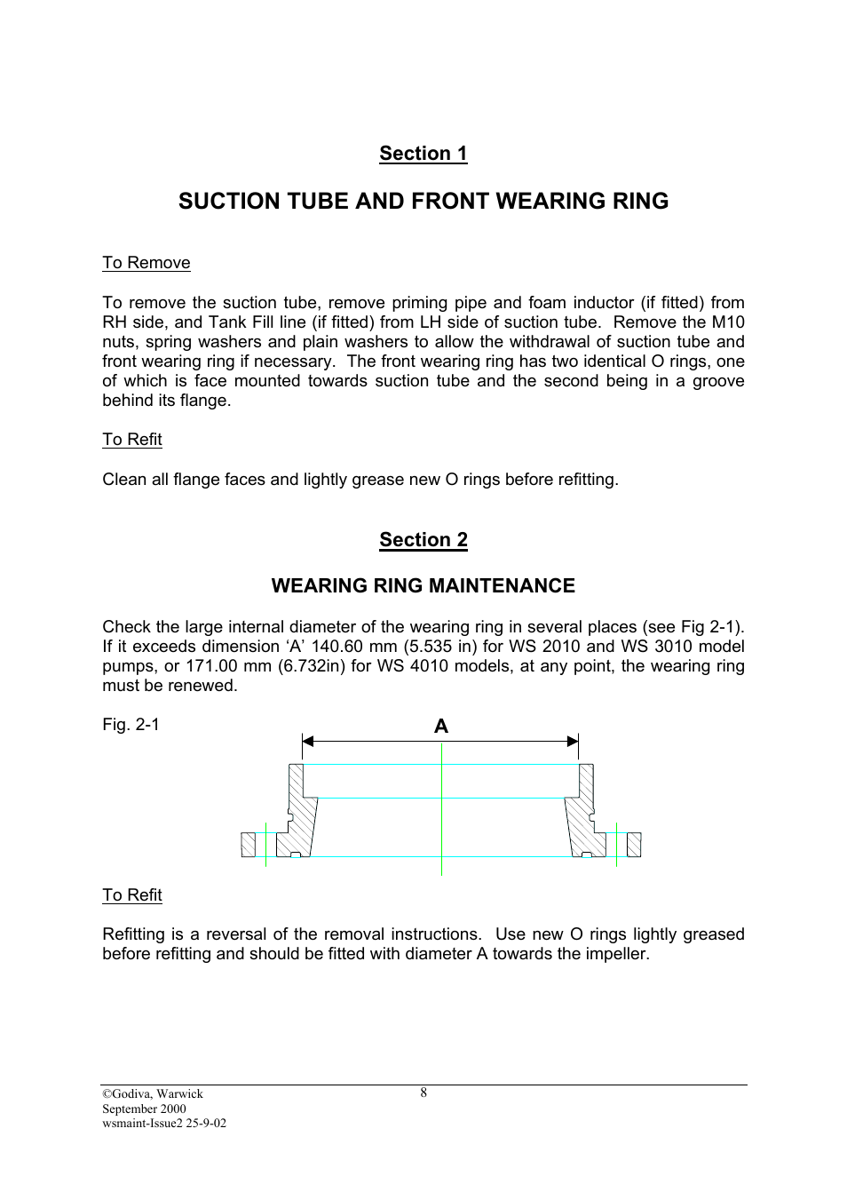 Section 1, To remove, Section 2 | Wearing ring maintenance, To refit, Suction tube and front wearing ring | Hale SMR User Manual | Page 8 / 32