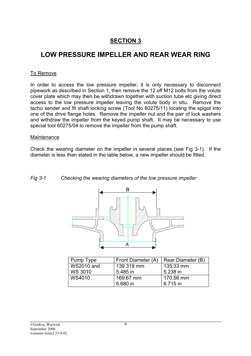 Section 3, Low pressure impeller and rear wear ring, To remove | Maintenance | Hale SMR User Manual | Page 9 / 32