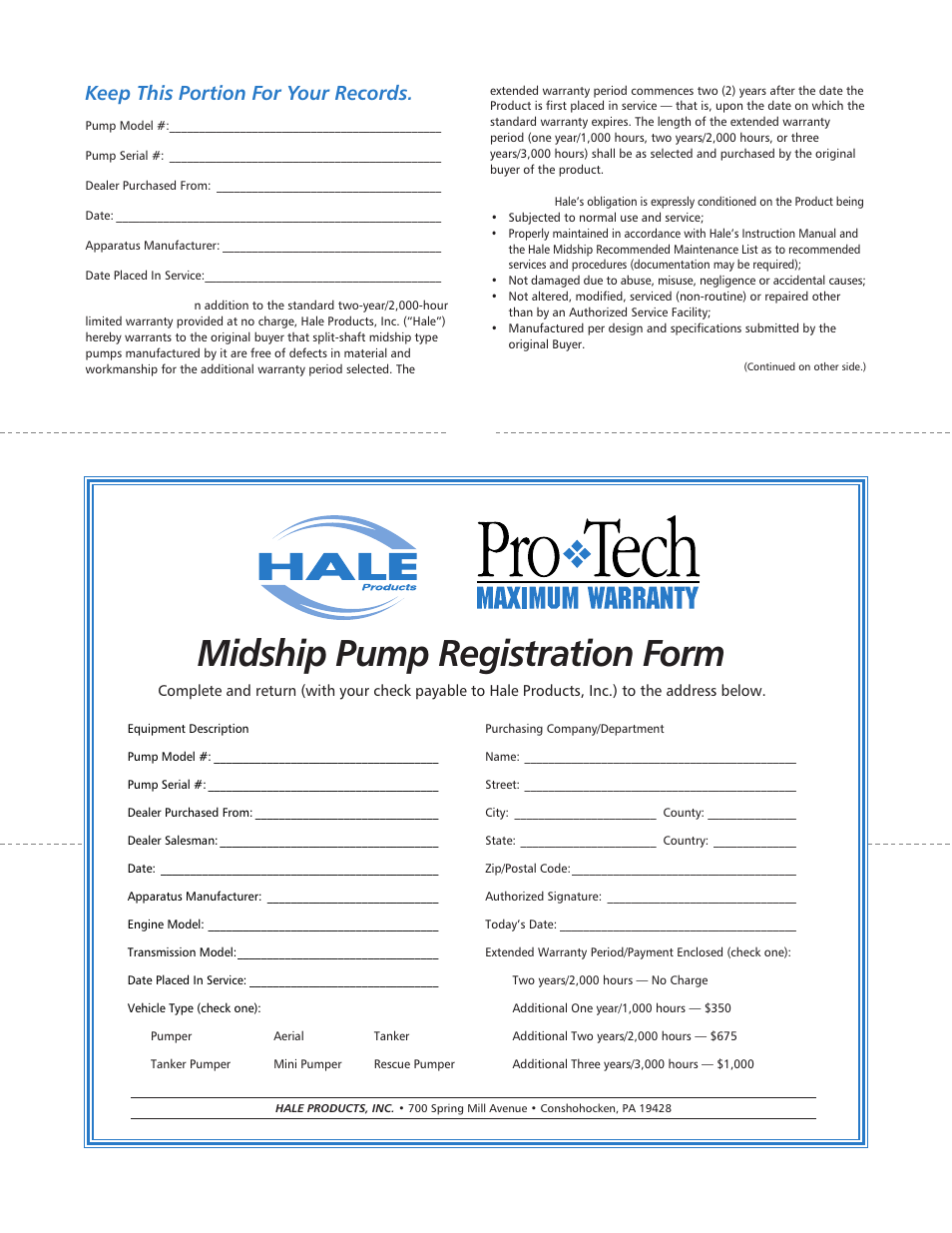 Midship pump registration form, Keep this portion for your records | Hale MG User Manual | Page 161 / 162