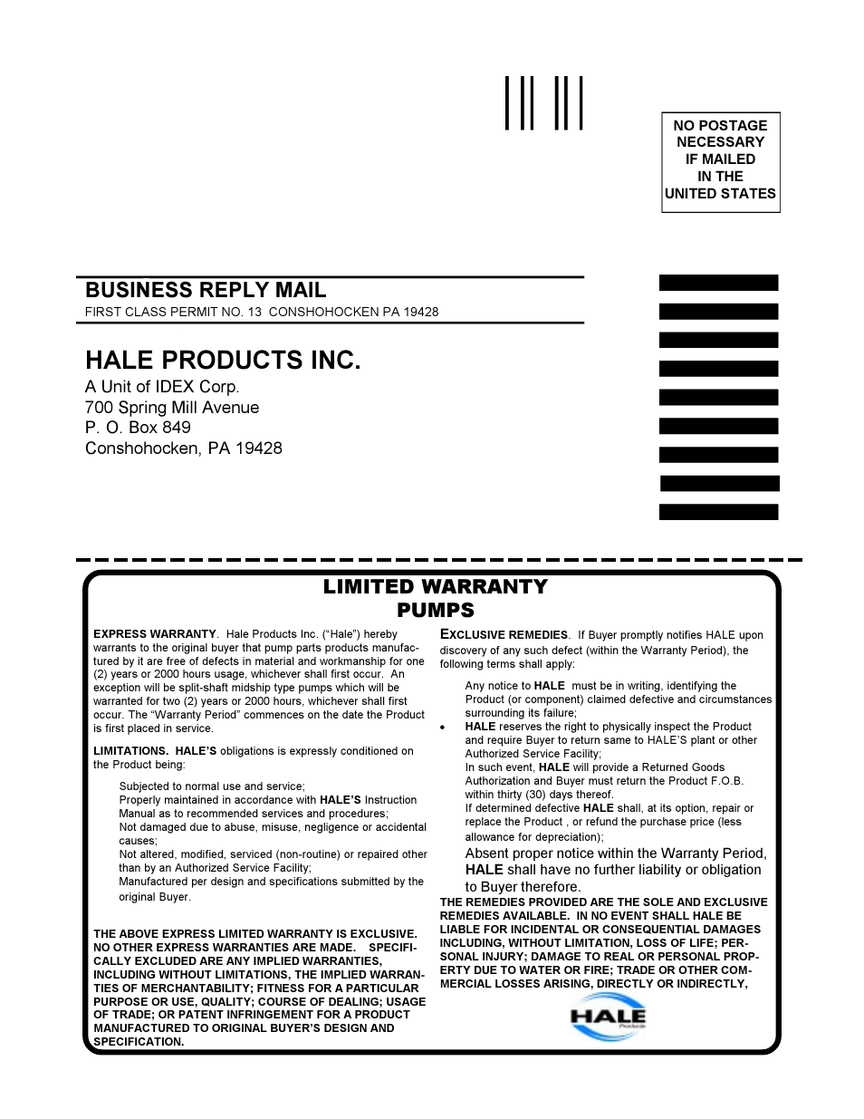 Hale products inc, Business reply mail, Limited warranty pumps | Hale HFM User Manual | Page 3 / 42