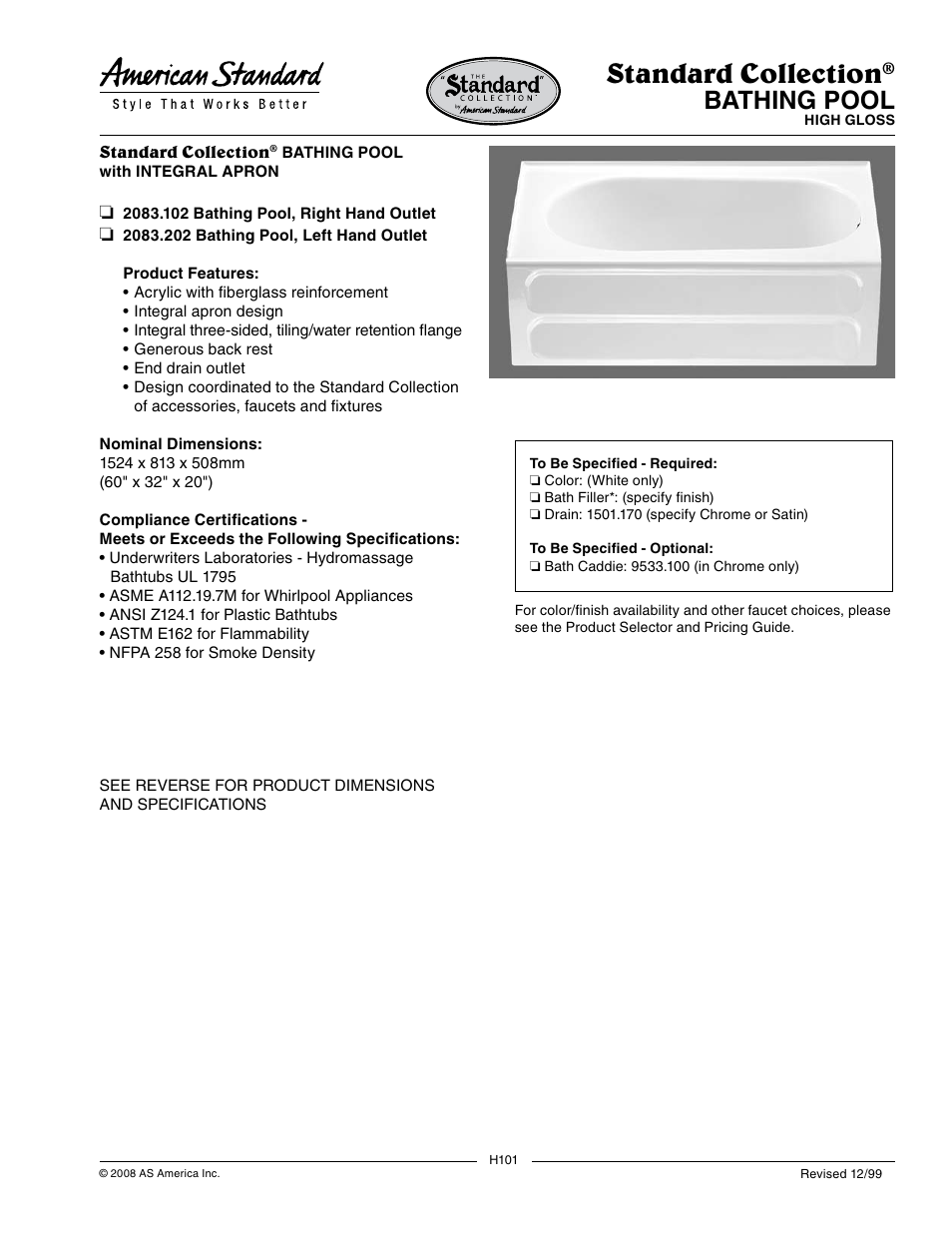 American Standard Bathing Pool with Integral Apron 2083.202 User Manual | 2 pages