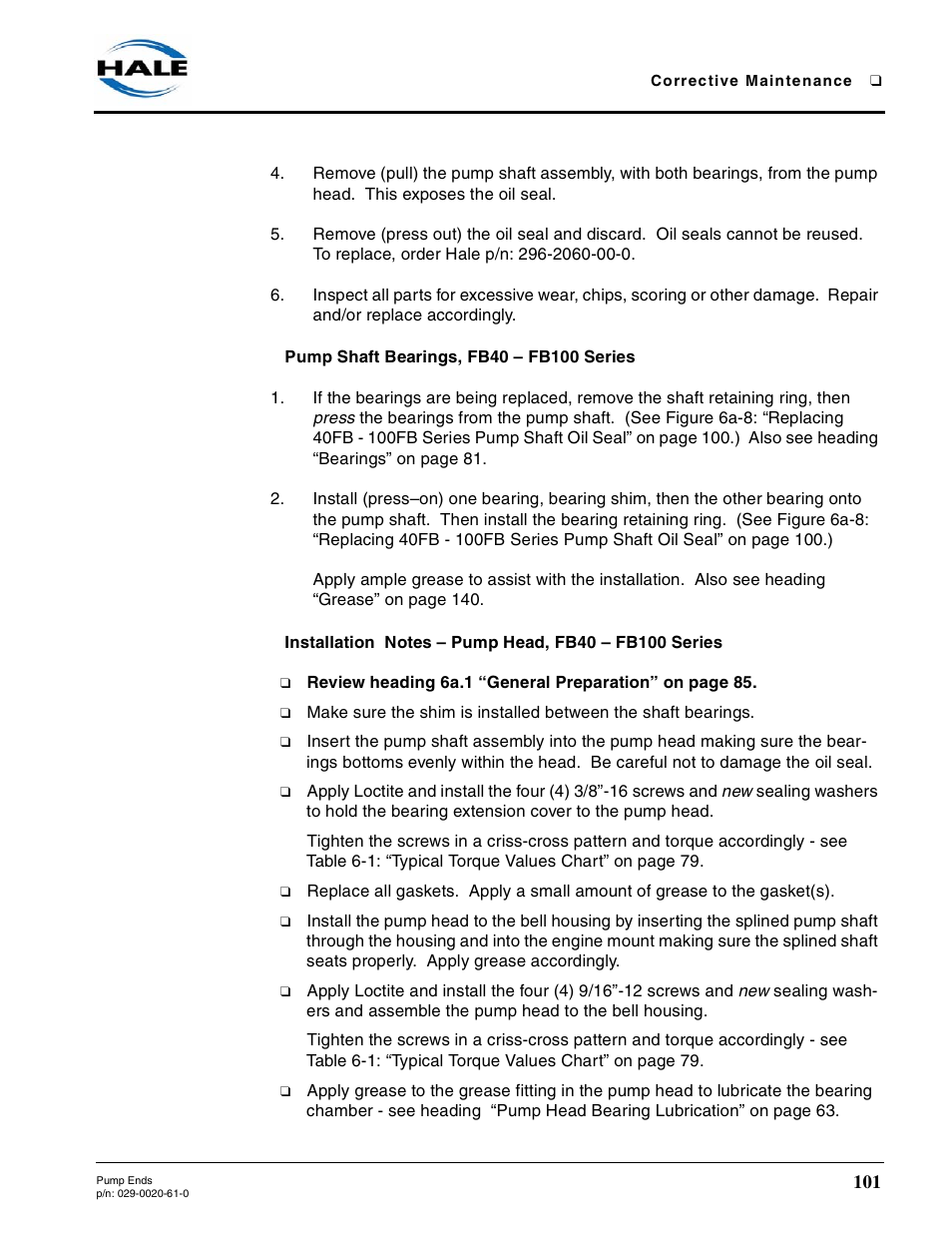 Pump shaft bearings, fb40 - fb100 series, Pump shaft bearings, fb40 – fb100 series | Hale 80FC User Manual | Page 101 / 190