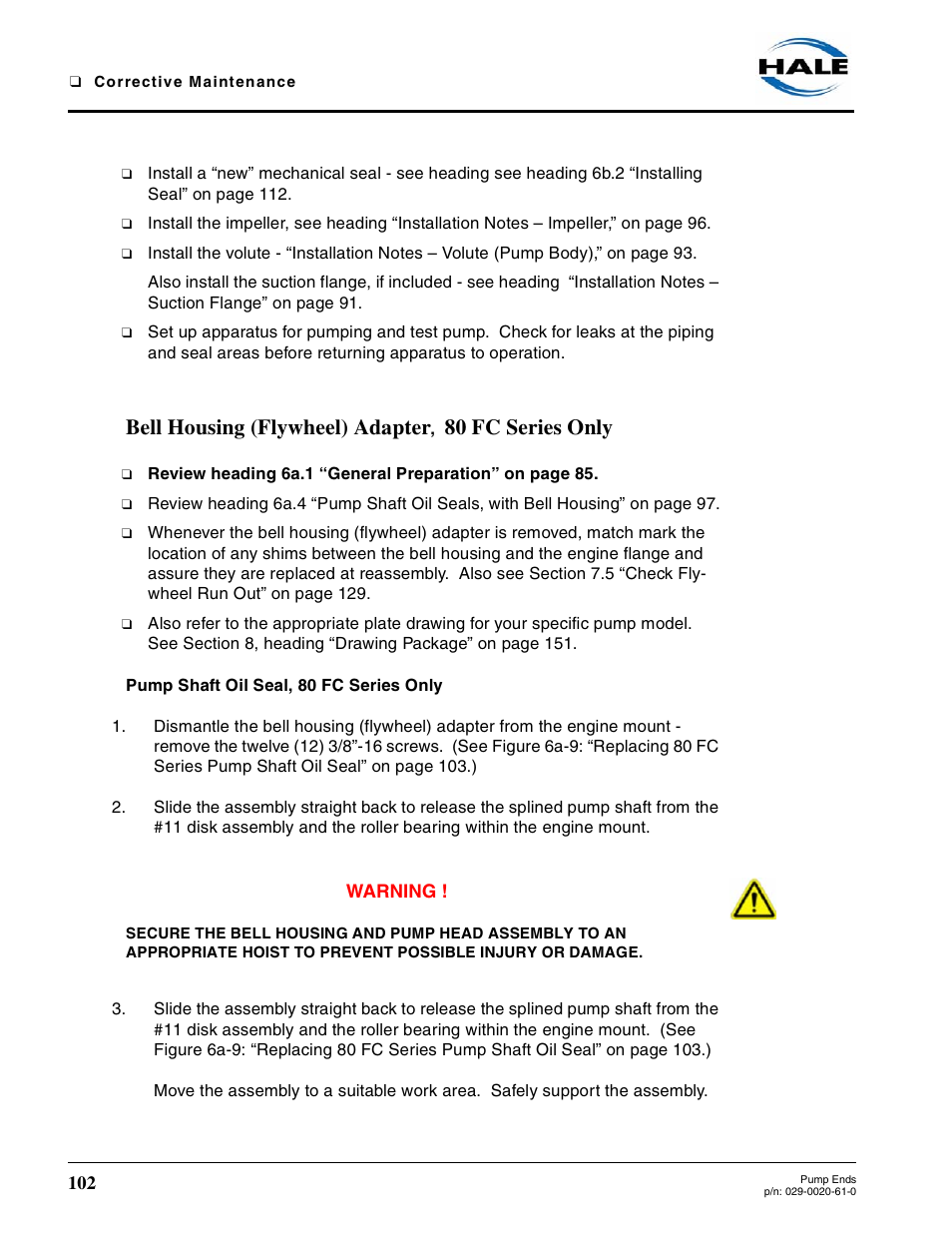 Bell housing (flywheel) adapter, 80 fc series only, Pump shaft oil seal, 80 fc series only, Bell housing (flywheel) adapter | 80 fc series only | Hale 80FC User Manual | Page 102 / 190