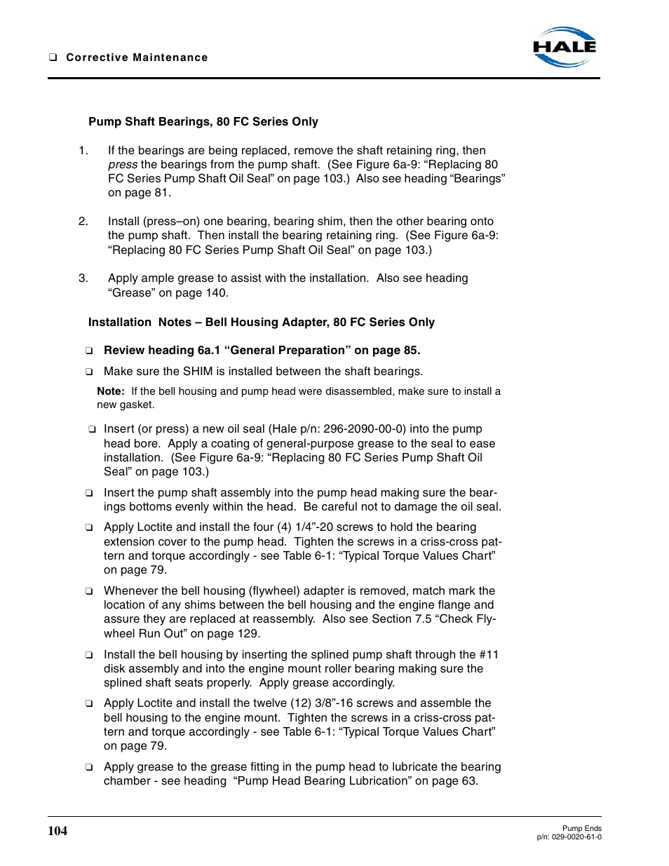 Pump shaft bearings, 80 fc series only | Hale 80FC User Manual | Page 104 / 190