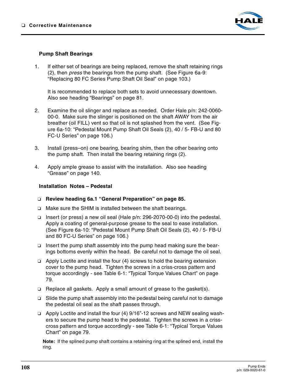 Pump shaft bearings, Installation notes - pedestal, Installation notes – pedestal | Hale 80FC User Manual | Page 108 / 190
