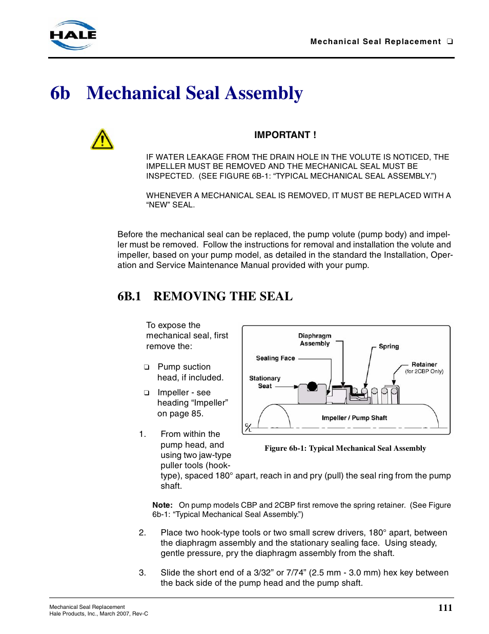 6b mechanical seal assembly, 6b.1 removing the seal, Figure 6b-1: typical mechanical seal assembly | See section 6a | Hale 80FC User Manual | Page 111 / 190