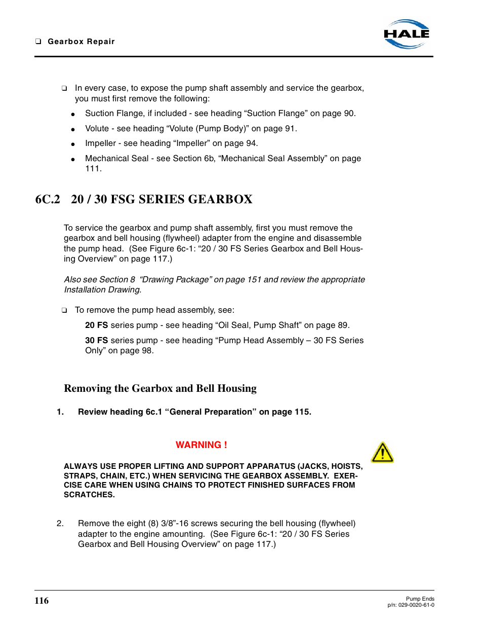 6c.2 20 / 30 fsg series gearbox, Removing the gearbox and bell housing | Hale 80FC User Manual | Page 116 / 190