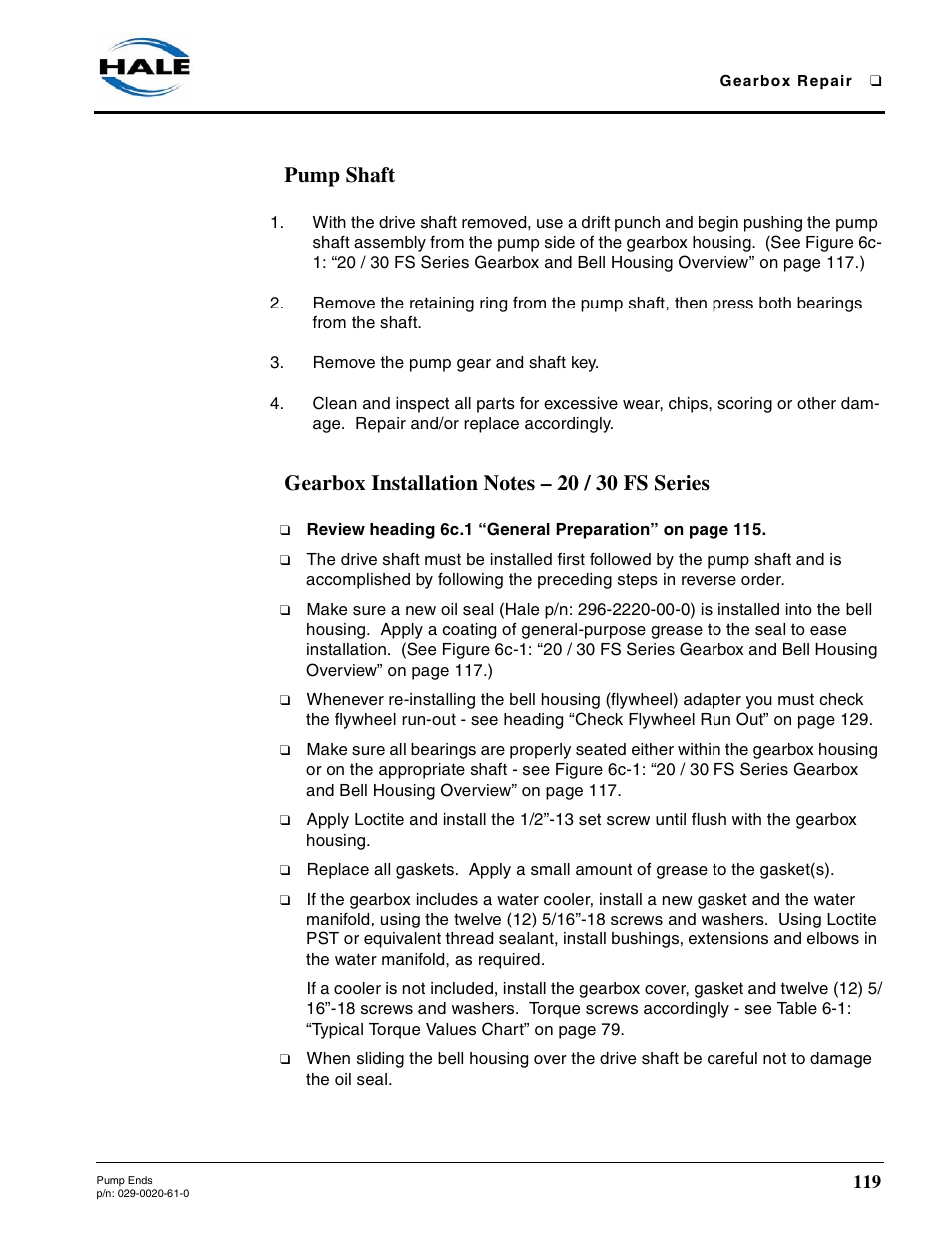 Pump shaft, Gearbox installation notes - 20 / 30 fs series, Gearbox installation notes – 20 / 30 fs series | Hale 80FC User Manual | Page 119 / 190