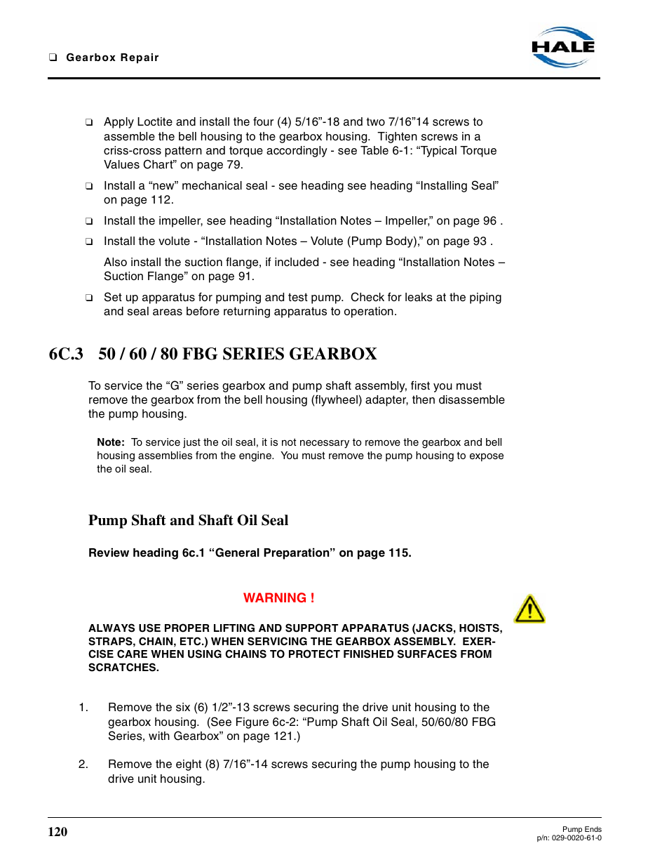 6c.3 50 / 60 / 80 fbg series gearbox, Pump shaft and shaft oil seal | Hale 80FC User Manual | Page 120 / 190