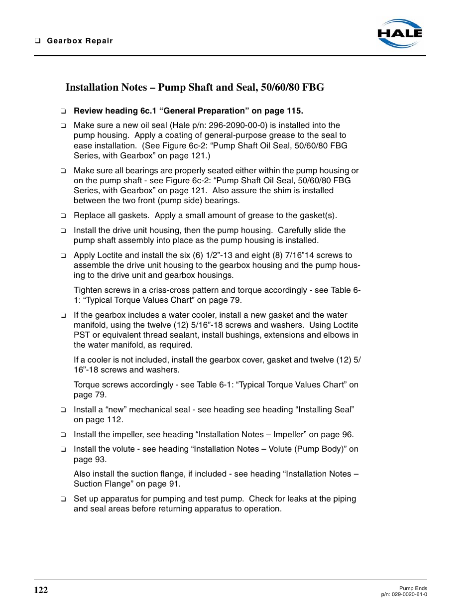 6c.3 50 / 60 / 80 fbg series gearbox - continued | Hale 80FC User Manual | Page 122 / 190
