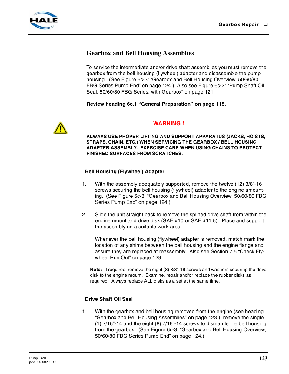 Gearbox and bell housing assemblies, Bell housing (flywheel) adapter, Drive shaft oil seal | Hale 80FC User Manual | Page 123 / 190