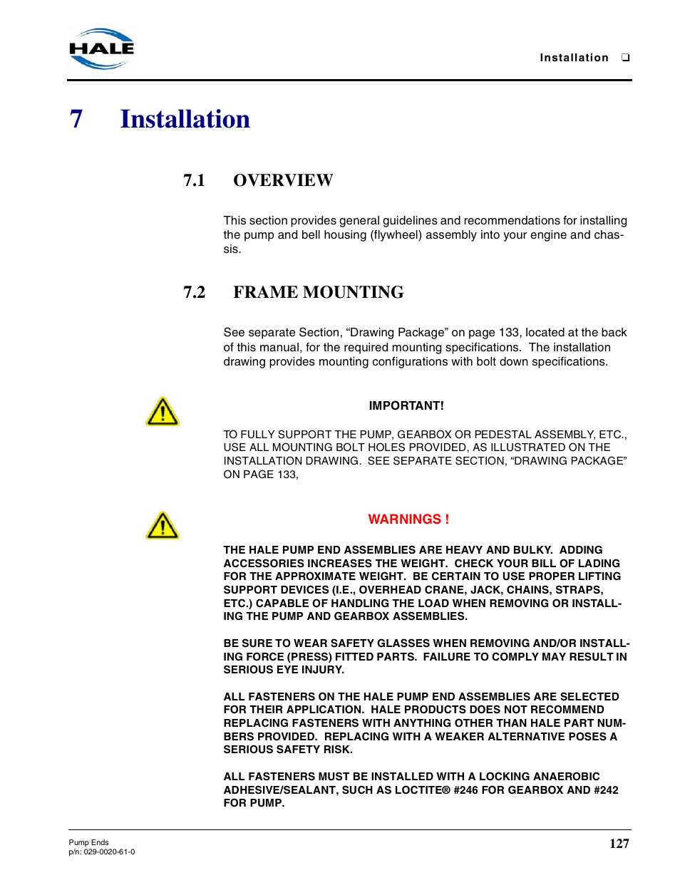 7 installation, 1 overview, 2 frame mounting | Installation, Overview, Frame mounting, 7installation | Hale 80FC User Manual | Page 127 / 190