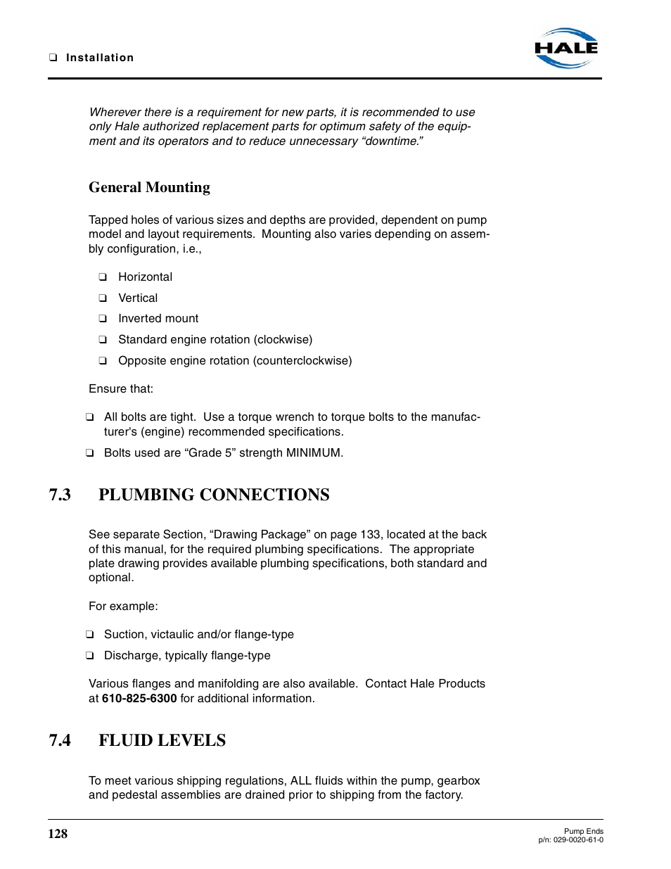 General mounting, 3 plumbing connections, 4 fluid levels | Plumbing connections, Fluid levels | Hale 80FC User Manual | Page 128 / 190