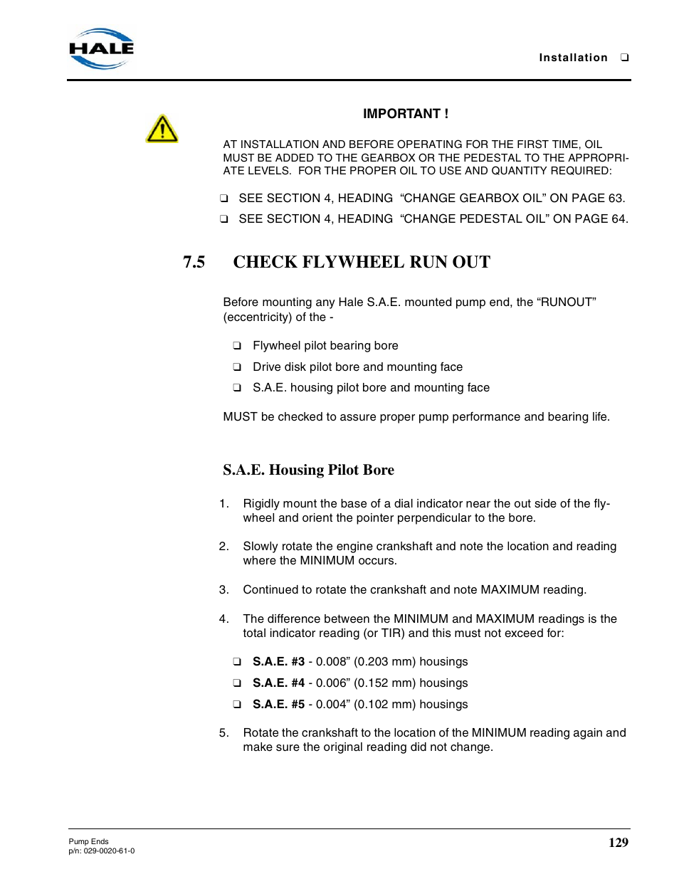 5 check flywheel run out, S.a.e. housing pilot bore, Check flywheel run out | Hale 80FC User Manual | Page 129 / 190