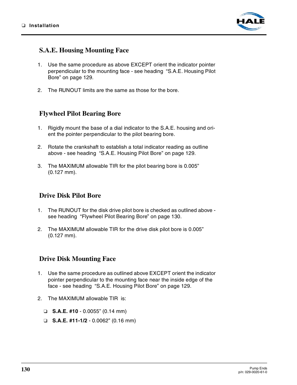 S.a.e. housing mounting face, Flywheel pilot bearing bore, Drive disk pilot bore | Drive disk mounting face | Hale 80FC User Manual | Page 130 / 190