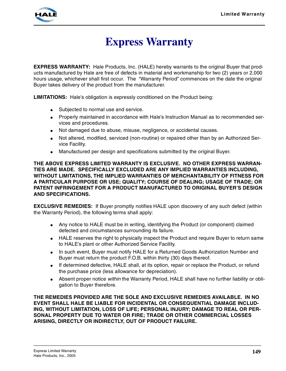 Express warranty | Hale 80FC User Manual | Page 149 / 190