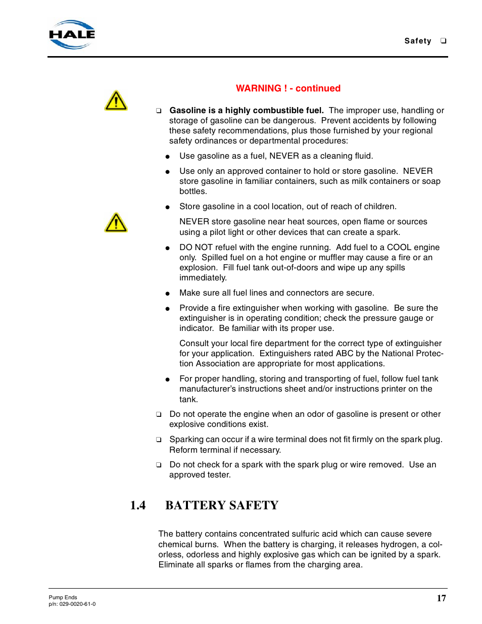 4 battery safety, Battery safety | Hale 80FC User Manual | Page 17 / 190