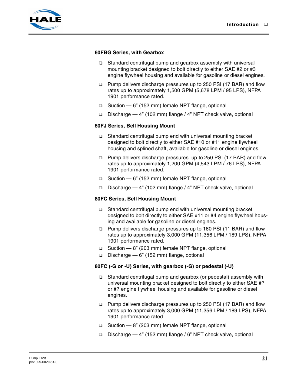 60fbg series, with gearbox, 60fj series, bell housing mount, 80fc series, bell housing mount | Hale 80FC User Manual | Page 21 / 190