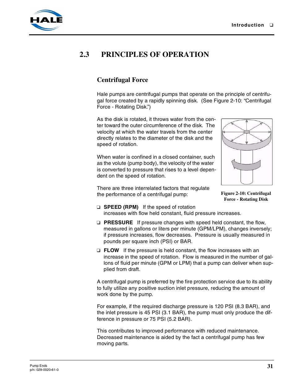 3 principles of operation, Centrifugal force, Figure 2-10: centrifugal force - rotating disk | Principles of operation | Hale 80FC User Manual | Page 31 / 190
