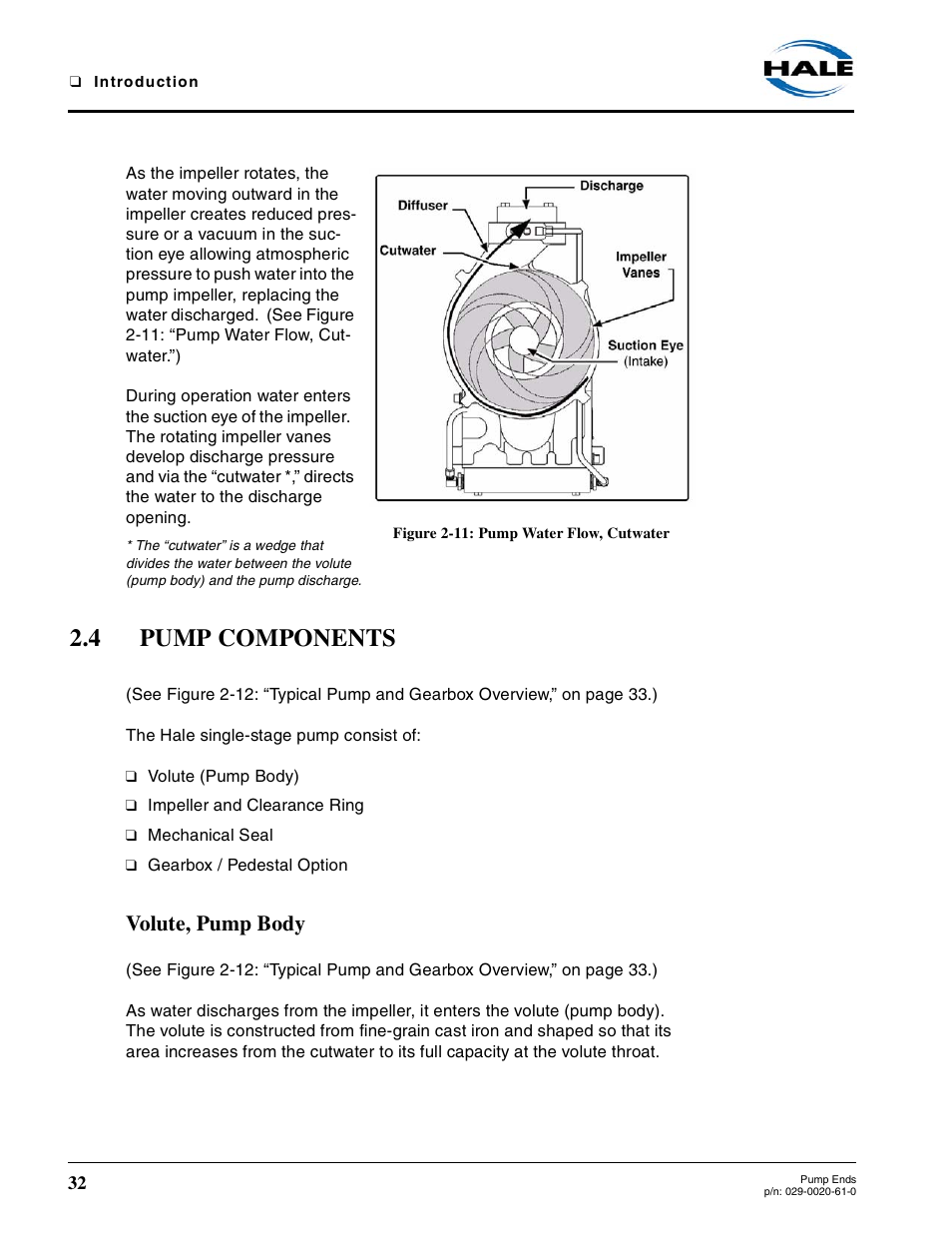 Figure 2-11: pump water flow, cutwater, 4 pump components, Volute, pump body | Pump components | Hale 80FC User Manual | Page 32 / 190