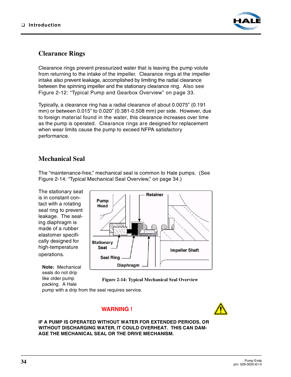Clearance rings, Mechanical seal, Figure 2-14: typical mechanical seal overview | Pump components - continued | Hale 80FC User Manual | Page 34 / 190