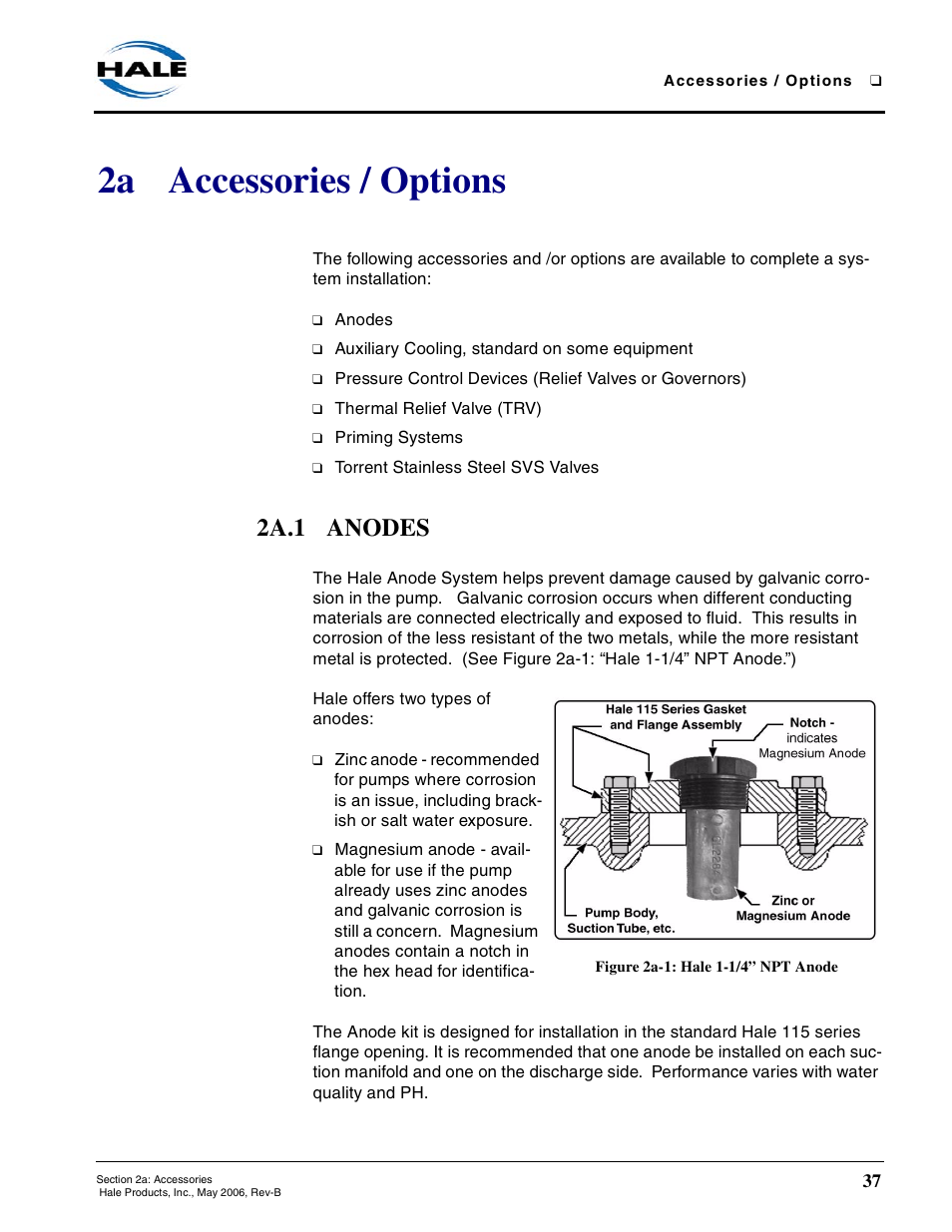 2a accessories / options, 2a.1 anodes, Figure 2a-1: hale 1-1/4” npt anode | Hale 80FC User Manual | Page 37 / 190