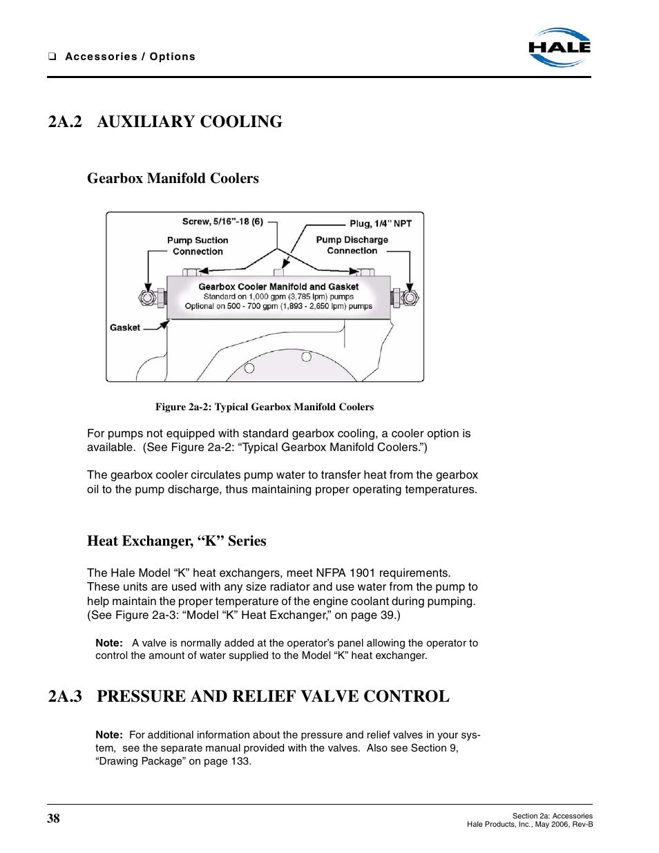 2a.2 auxiliary cooling, Gearbox manifold coolers, Figure 2a-2: typical gearbox manifold coolers | Heat exchanger, “k” series, 2a.3 pressure and relief valve control | Hale 80FC User Manual | Page 38 / 190