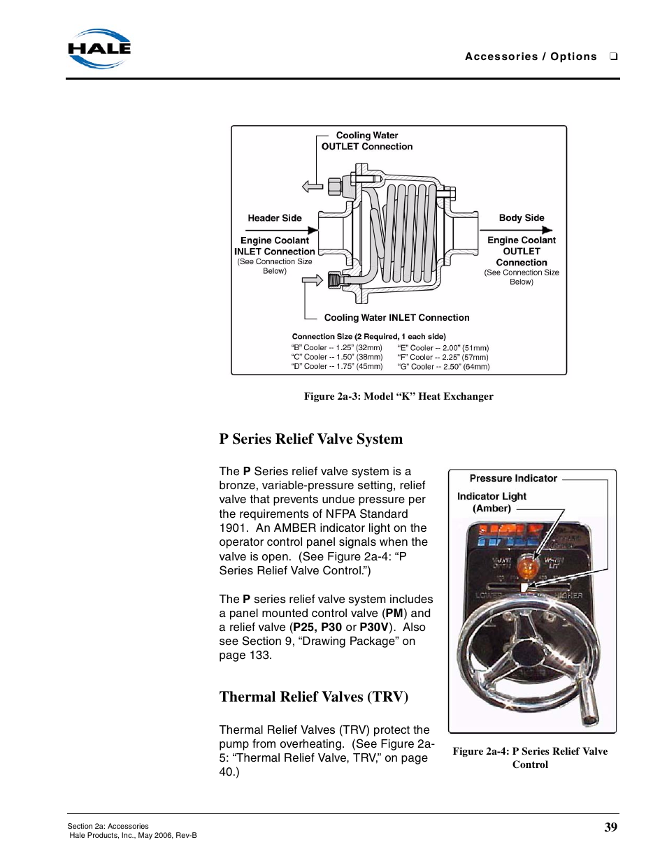 Figure 2a-3: model “k” heat exchanger, P series relief valve system, Figure 2a-4: p series relief valve control | Thermal relief valves (trv) | Hale 80FC User Manual | Page 39 / 190