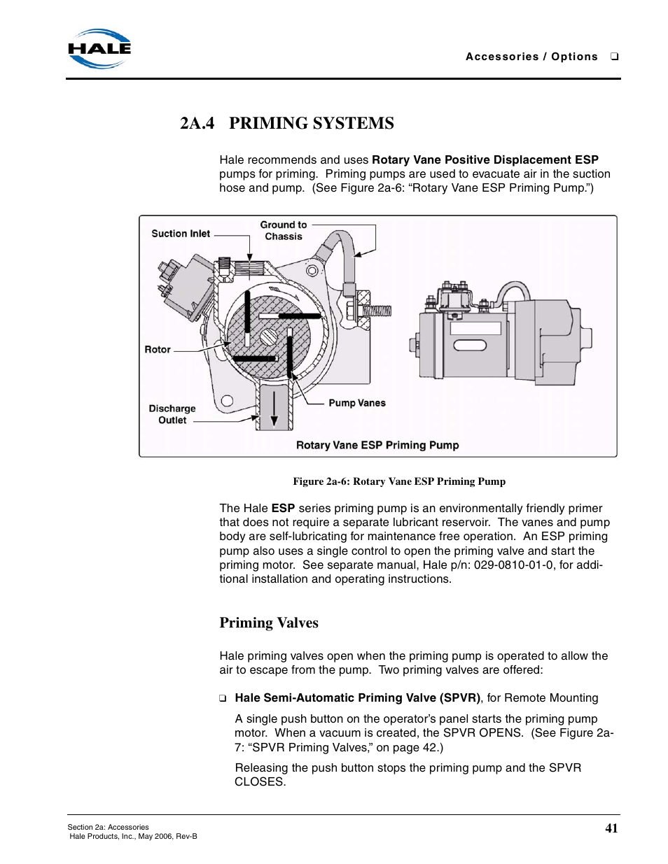 2a.4 priming systems, Figure 2a-6: rotary vane esp priming pump, Priming valves | Hale 80FC User Manual | Page 41 / 190