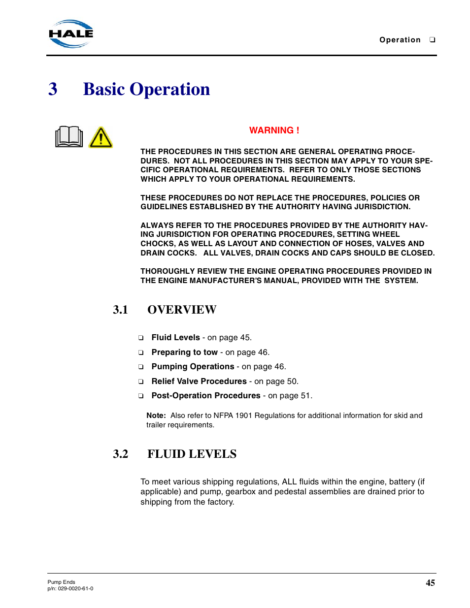 3 basic operation, 1 overview, 2 fluid levels | Basic operation, Overview, Fluid levels, 3basic operation | Hale 80FC User Manual | Page 45 / 190